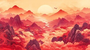 红日映山峦云海壮美景