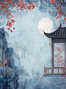 月夜中式楼阁红梅图