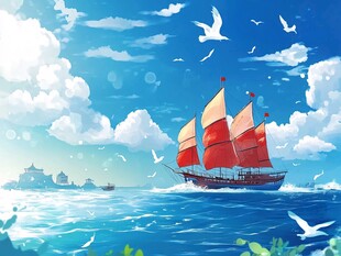 海上红帆船与飞翔海鸥