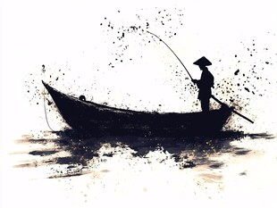 水墨渔夫泛舟图