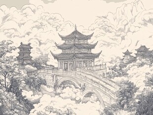 古风山水楼阁桥景图