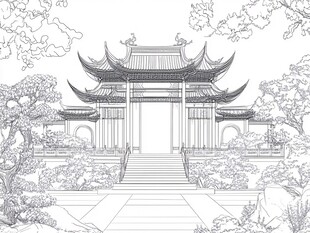 中式古典建筑线描景观图