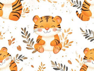 可爱萌虎与枝叶无缝图案