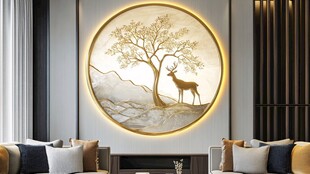 圆形鹿树装饰画 客厅新中式