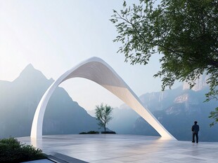 山间弧形建筑旁的独行者