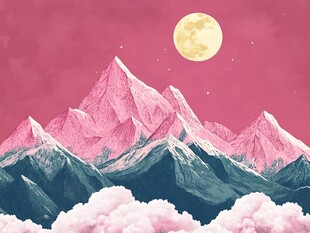 梦幻粉色月夜下的雪山