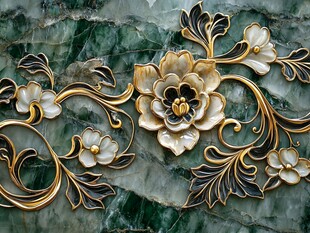 绿玉背景上的华丽金花卉