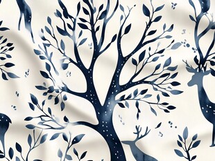 蓝白森林风植物动物印花图