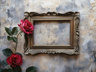 复古相框旁的娇艳红玫瑰