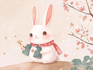 冬日萌兔手持花枝赏景