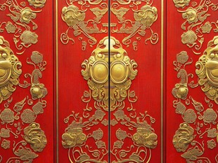中式红金雕花双开大门