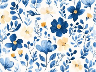 蓝黄花卉无缝图案设计