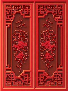 中式红色雕花双扇门窗