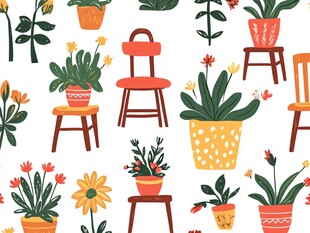 盆栽与座椅的可爱插画