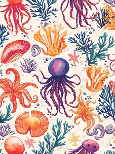 海洋生物缤纷手绘图案