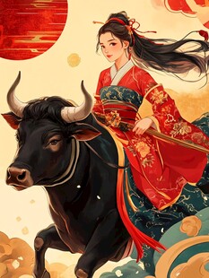 红衣少女骑牛踏云迎红日
