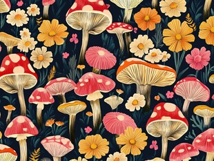 蘑菇花卉奇幻图案插画