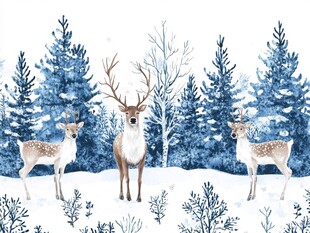 冬日雪林里的三只小鹿