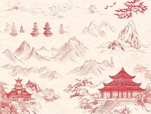 中式山水楼阁古风画卷