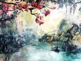 水墨山水间的烂漫花枝