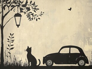 复古场景下猫与车的静美画面
