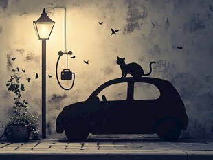 路灯下的猫与车剪影