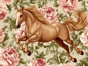 奔腾骏马伴娇艳牡丹