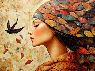 秋日梦幻女孩与飞鸟