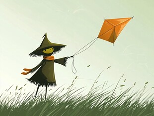 稻草人放风筝的惬意时刻