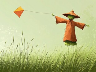 稻草人在草地快乐放风筝