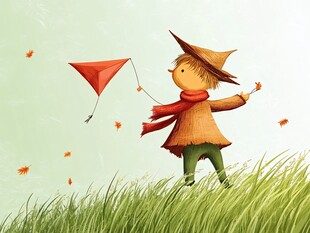 秋日孩童草地放风筝