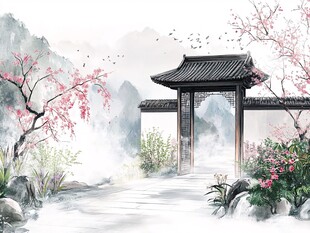 中式园林春景诗意画面