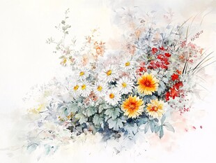 水彩花卉静物画中的缤纷花朵
