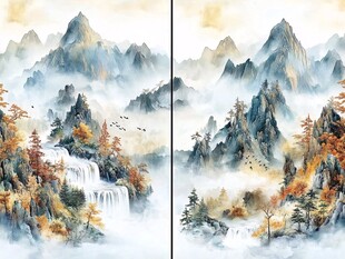 山水秋色双屏国画意境美