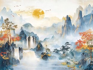 山水秋色间 旭日飞鸟图