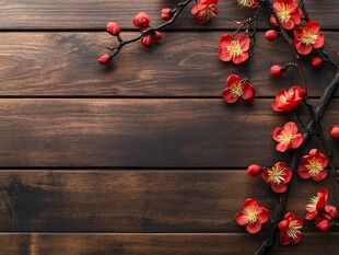 木板上的娇艳红梅