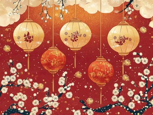 喜庆中式灯笼与梅花图景