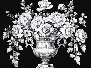 复古花瓶中的花卉素描