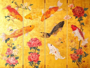 金底锦鲤牡丹中式屏风图