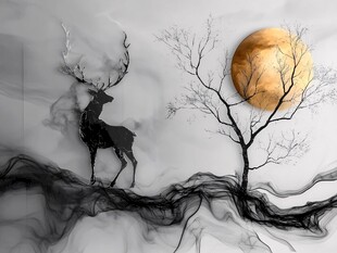 月夜鹿影水墨意境图