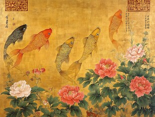 锦鲤戏牡丹中式吉祥图