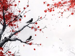 红梅枝头双鸟图