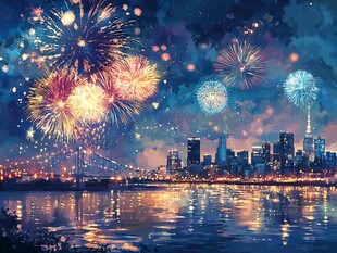 城市夜空中绚烂的烟花秀