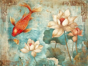 锦鲤戏荷中式古典图景