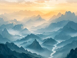 日出下的层峦叠嶂山水景