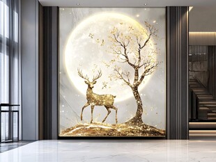 金鹿玉树伴圆月玄关壁画