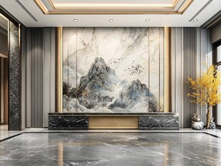 中式大气客厅山水壁画背景
