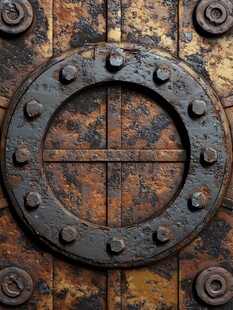 生锈金属门与圆形铆钉细节