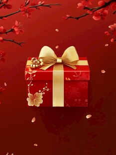 红梅下的精美红色礼盒
