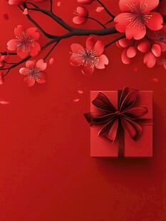 红梅相伴的精致红色礼盒